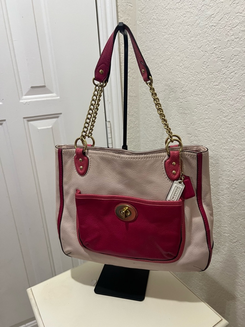 Coach Cream and Pink Pebbled Leather Shoulder Tote with Gold Chain Straps
